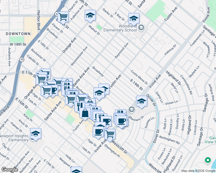 map of restaurants, bars, coffee shops, grocery stores, and more near 389 Magnolia Street in Costa Mesa