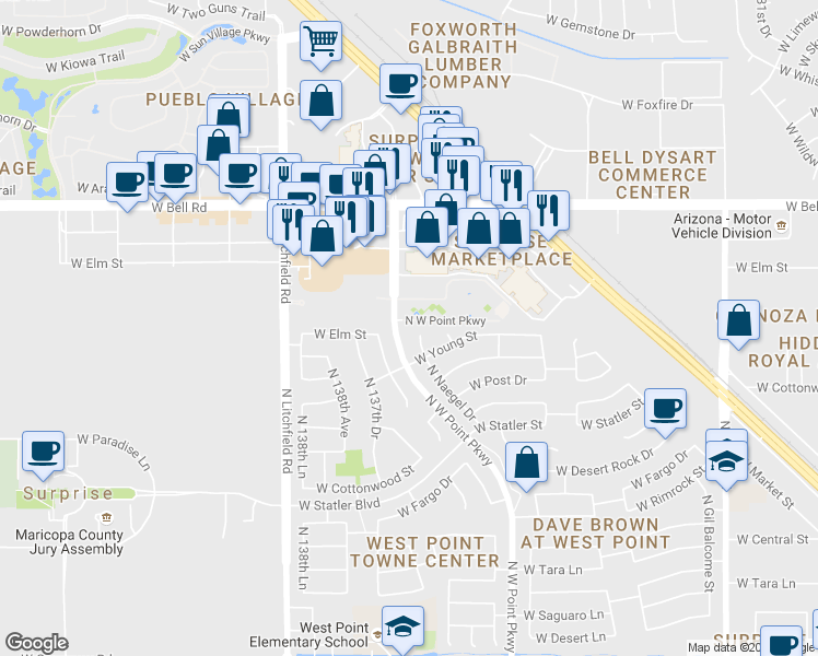 map of restaurants, bars, coffee shops, grocery stores, and more near 16558 North Naegel Drive in Surprise