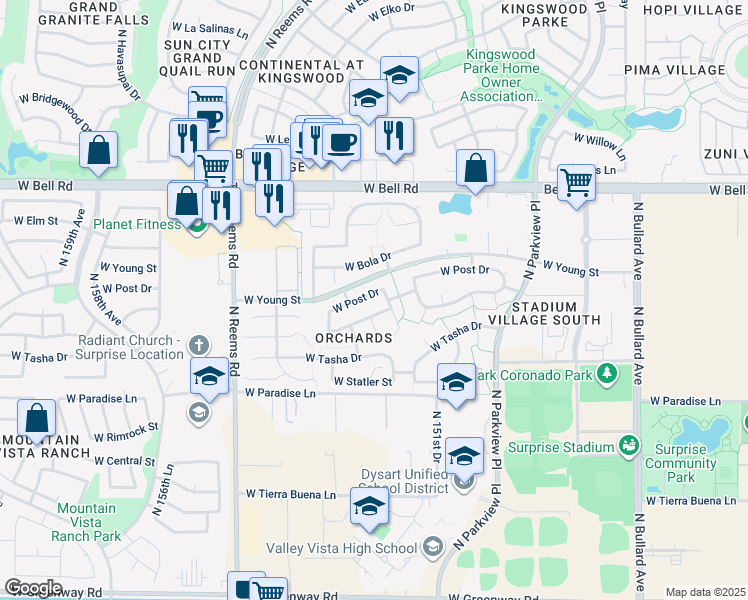 map of restaurants, bars, coffee shops, grocery stores, and more near 15212 West Cottonwood Street in Surprise