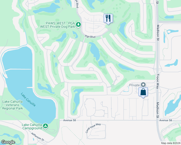 map of restaurants, bars, coffee shops, grocery stores, and more near 80233 Riviera in La Quinta