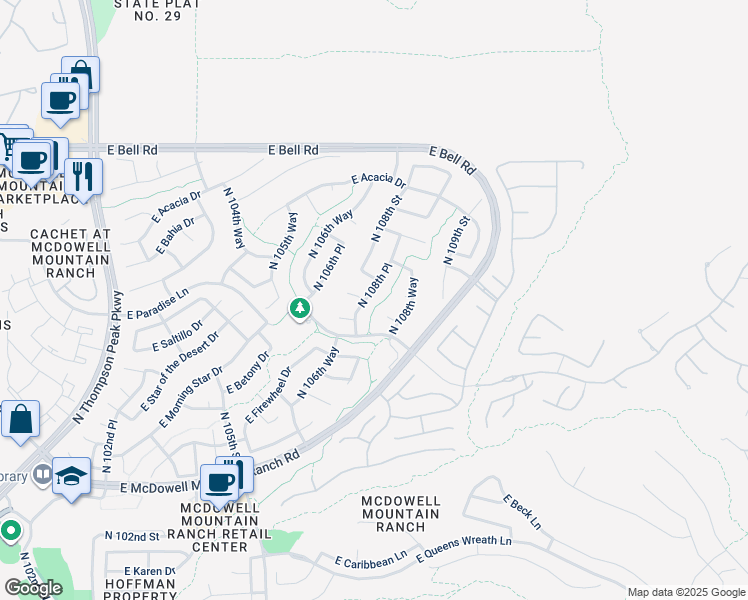 map of restaurants, bars, coffee shops, grocery stores, and more near 16335 North 108th Place in Scottsdale