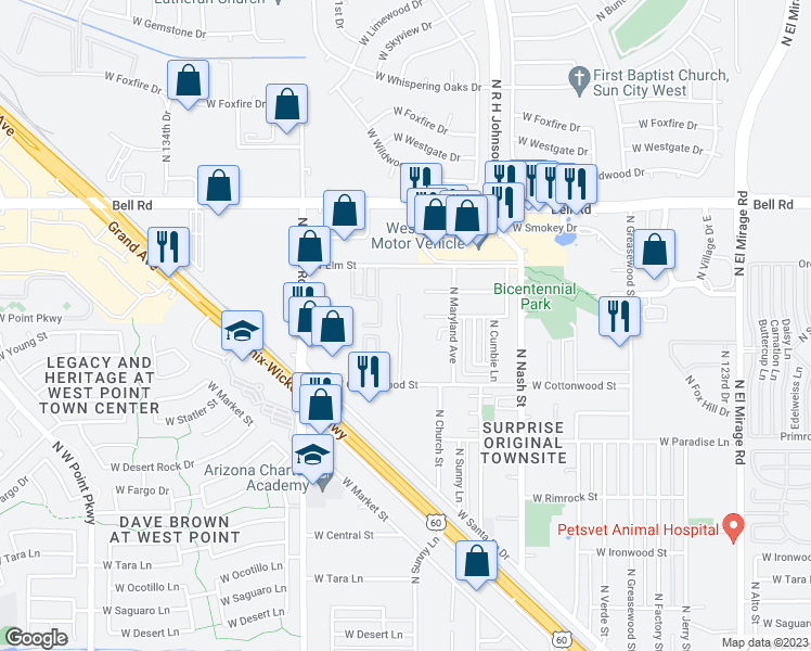 map of restaurants, bars, coffee shops, grocery stores, and more near 16589 North Queen Esther Drive in Surprise