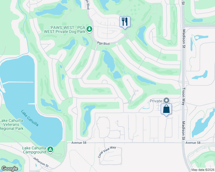 map of restaurants, bars, coffee shops, grocery stores, and more near 80233 Riviera in La Quinta