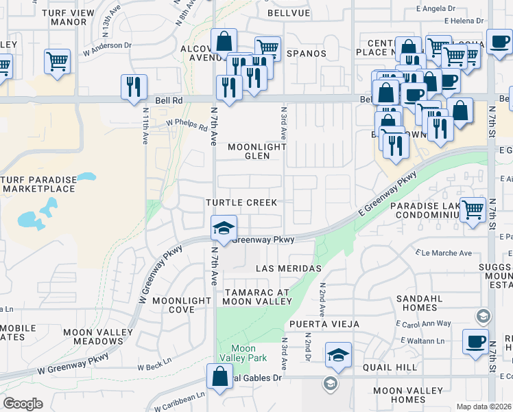 map of restaurants, bars, coffee shops, grocery stores, and more near 406 West Sandra Terrace in Phoenix