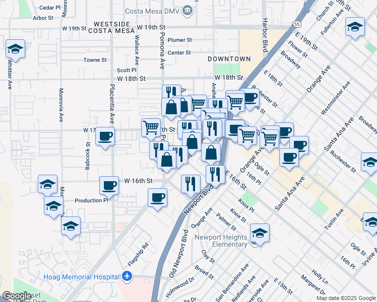 map of restaurants, bars, coffee shops, grocery stores, and more near 1653 Superior Avenue in Costa Mesa