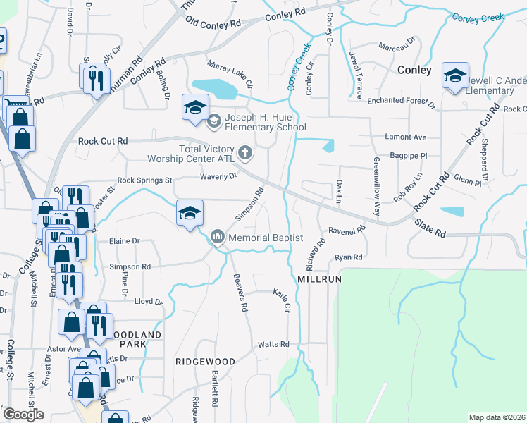 map of restaurants, bars, coffee shops, grocery stores, and more near 4390 Rock Valley Drive in Forest Park