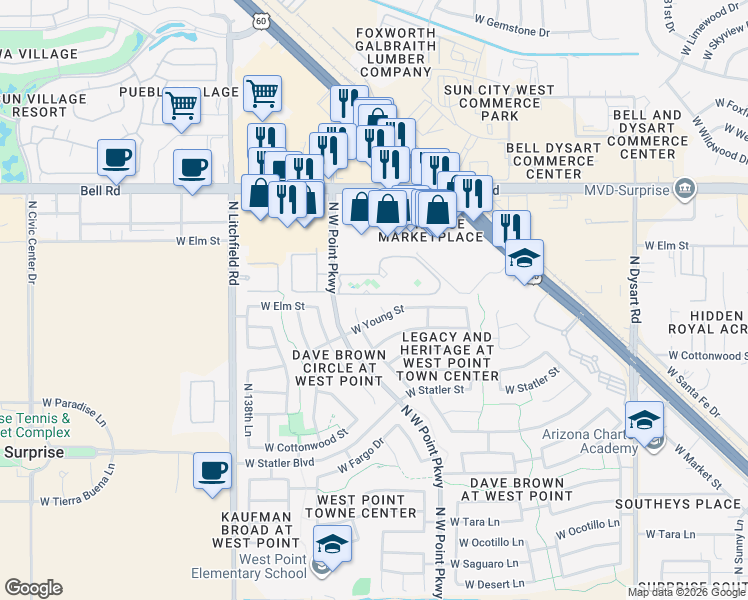 map of restaurants, bars, coffee shops, grocery stores, and more near 16553 North 136th Court in Surprise