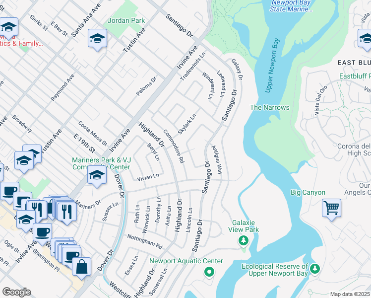map of restaurants, bars, coffee shops, grocery stores, and more near 1901 Glenwood Lane in Newport Beach