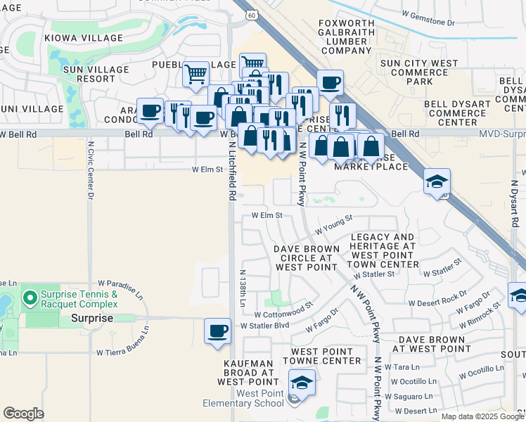 map of restaurants, bars, coffee shops, grocery stores, and more near 13806 West Elm Street in Surprise