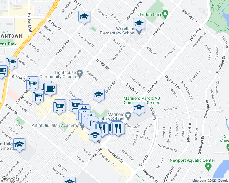 map of restaurants, bars, coffee shops, grocery stores, and more near 418 Broadway in Costa Mesa
