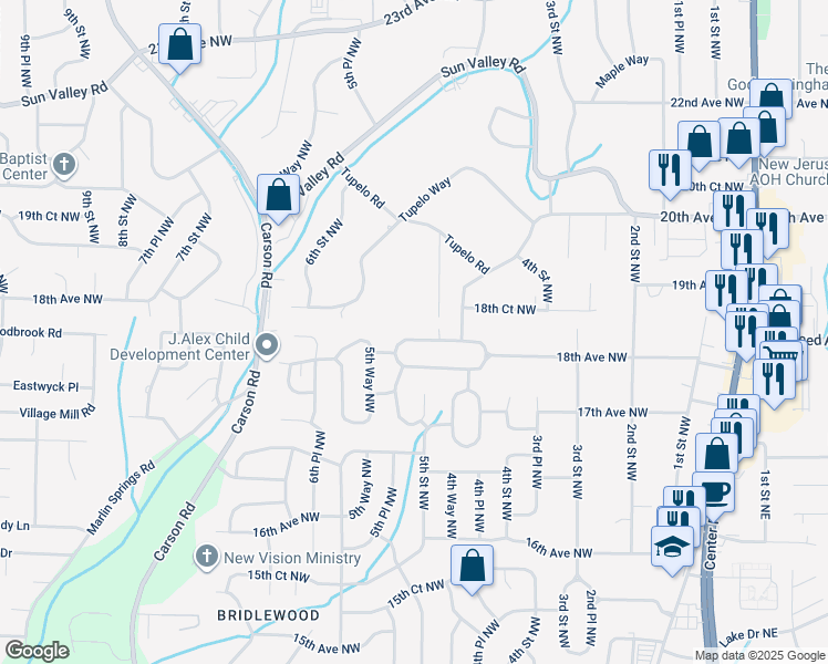 map of restaurants, bars, coffee shops, grocery stores, and more near 508 18th Avenue Northwest in Center Point