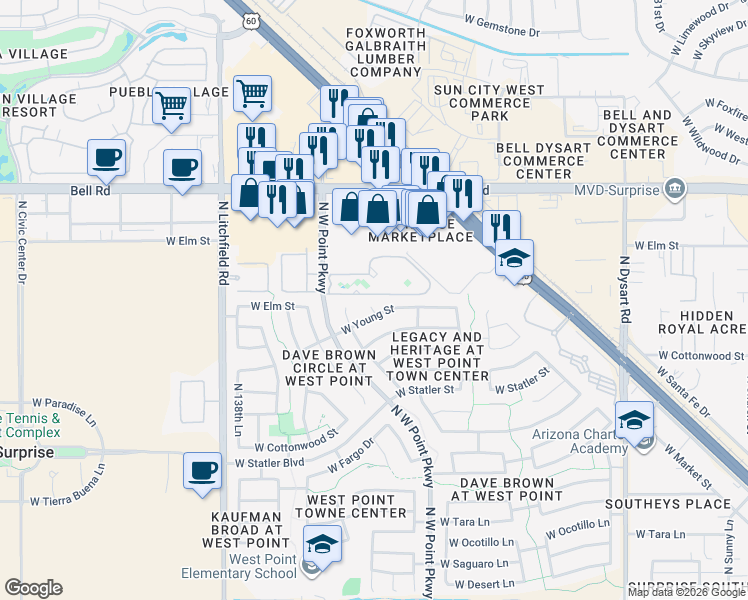 map of restaurants, bars, coffee shops, grocery stores, and more near 16553 North 136th Court in Surprise