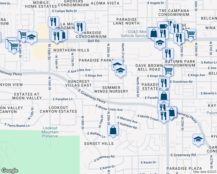 map of restaurants, bars, coffee shops, grocery stores, and more near East Grandview Road in Phoenix
