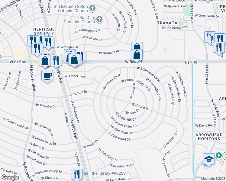 map of restaurants, bars, coffee shops, grocery stores, and more near 9538 West Cedar Hill Circle North in Sun City