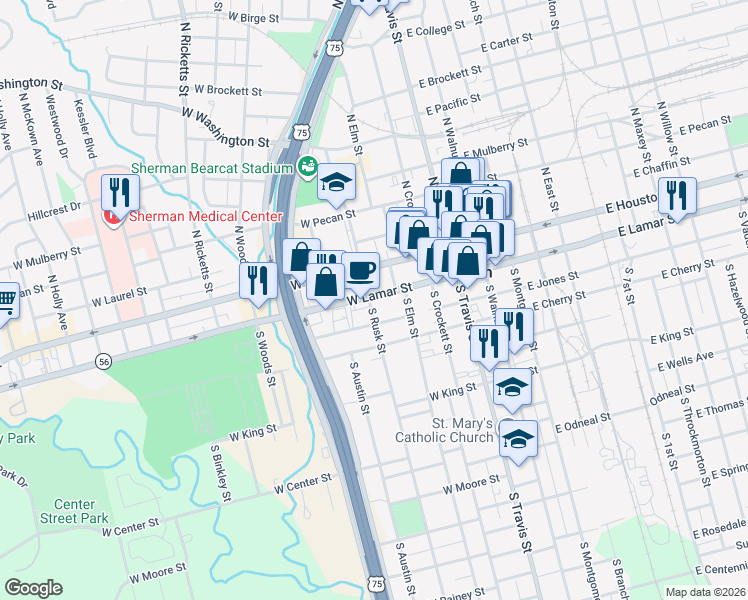 map of restaurants, bars, coffee shops, grocery stores, and more near 316 West Lamar Street in Sherman