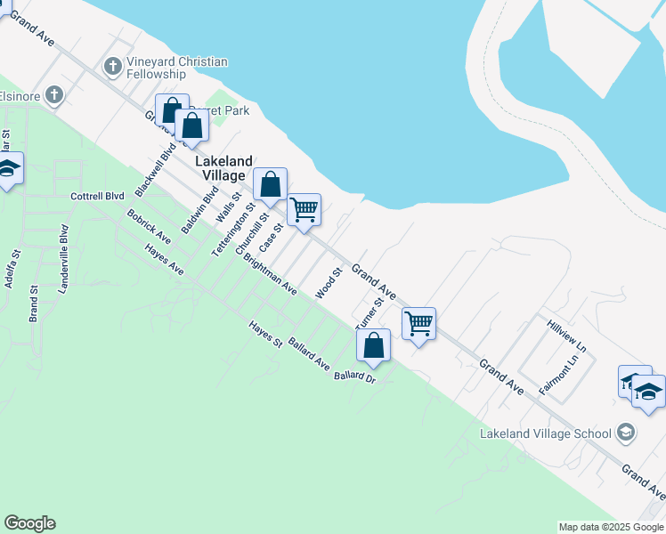 map of restaurants, bars, coffee shops, grocery stores, and more near 33025 Wood Street in Lake Elsinore