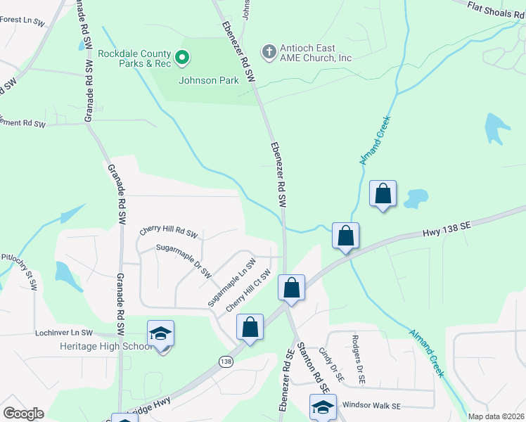 map of restaurants, bars, coffee shops, grocery stores, and more near 2067 Ebenezer Road Southwest in Conyers