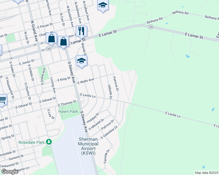 map of restaurants, bars, coffee shops, grocery stores, and more near 730 Hillside Drive in Sherman