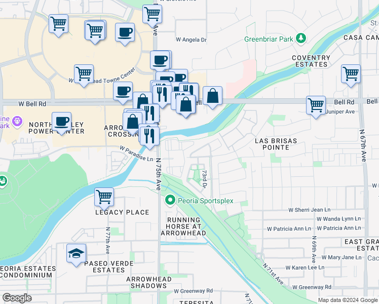 map of restaurants, bars, coffee shops, grocery stores, and more near 7362 West Phelps Road in Peoria