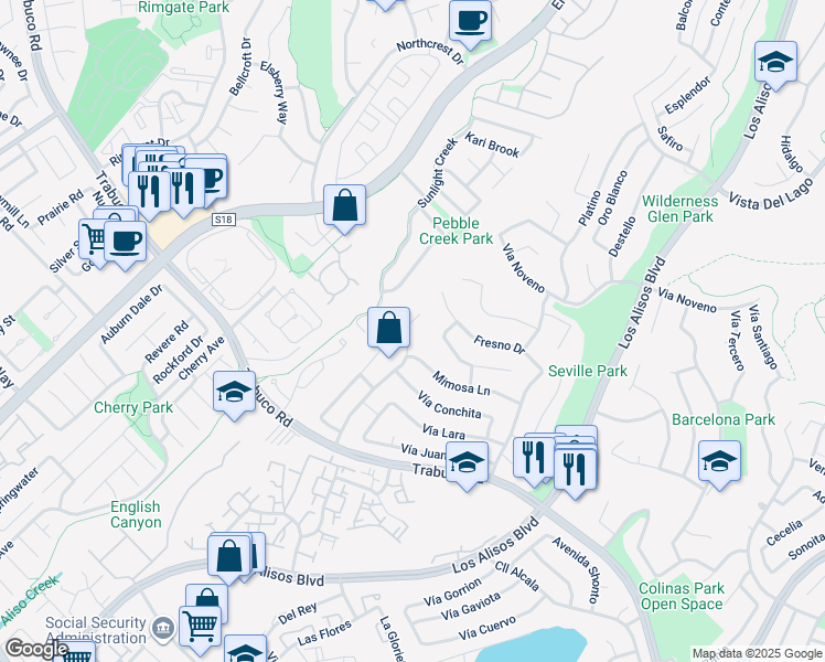 map of restaurants, bars, coffee shops, grocery stores, and more near 22582 La Vina Drive in Mission Viejo