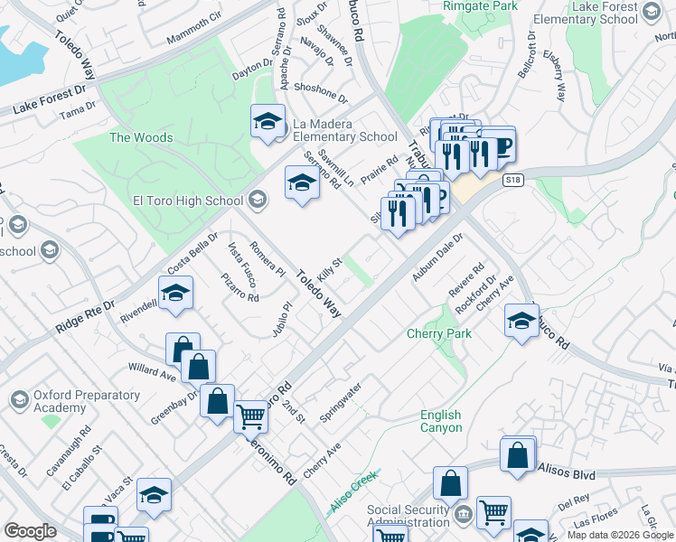 map of restaurants, bars, coffee shops, grocery stores, and more near 22631 Claude Circle in Lake Forest