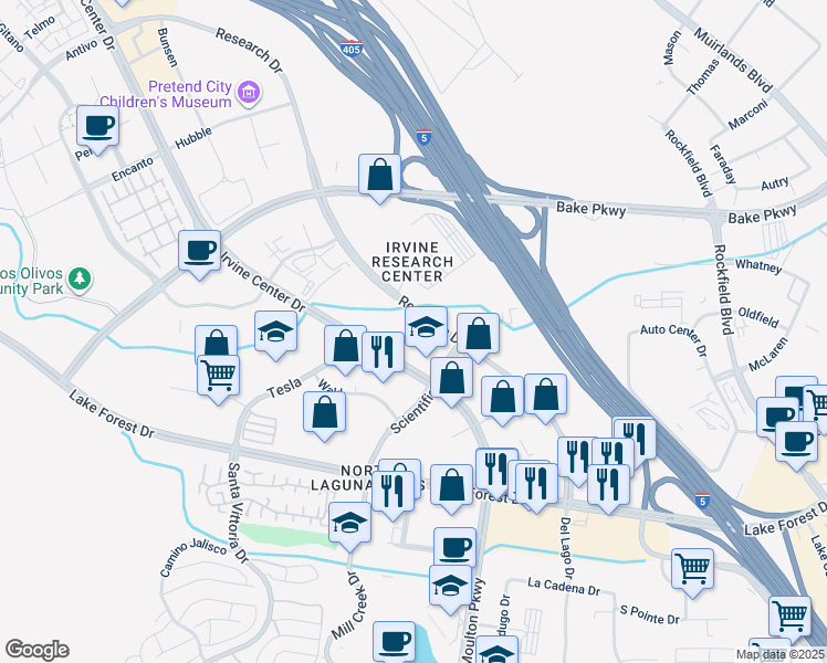 map of restaurants, bars, coffee shops, grocery stores, and more near 9591 Irvine Center Drive in Irvine