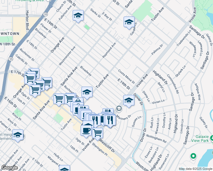 map of restaurants, bars, coffee shops, grocery stores, and more near 418 Broadway in Costa Mesa