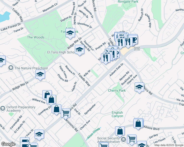 map of restaurants, bars, coffee shops, grocery stores, and more near 22631 Claude Circle in Lake Forest