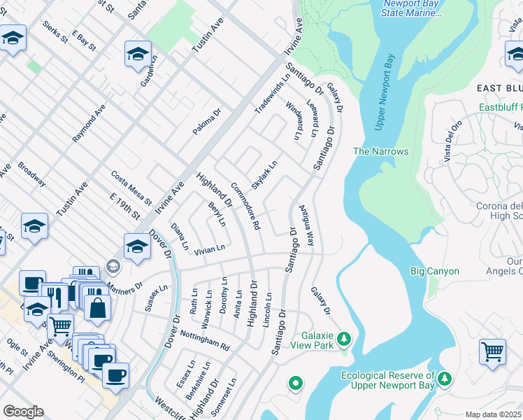 map of restaurants, bars, coffee shops, grocery stores, and more near 1901 Glenwood Lane in Newport Beach
