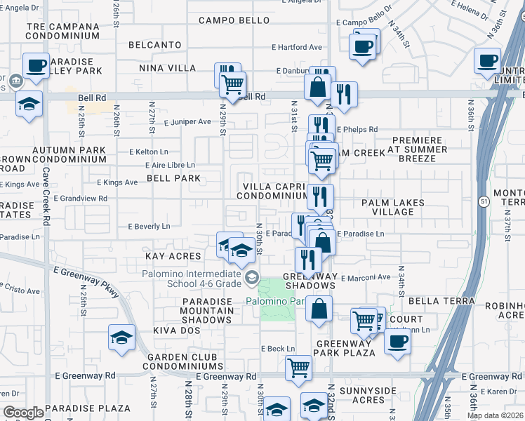 map of restaurants, bars, coffee shops, grocery stores, and more near 16225 North 30th Street in Phoenix