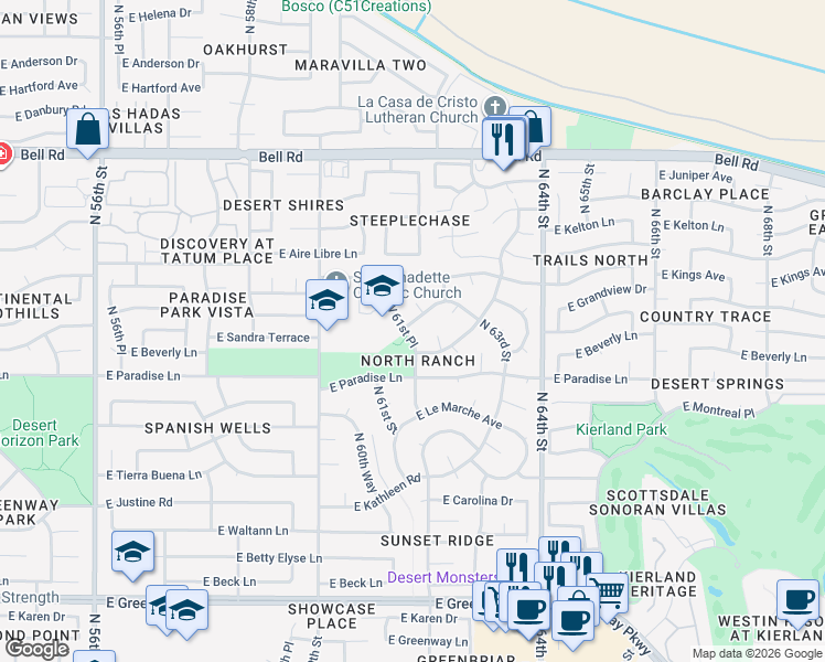 map of restaurants, bars, coffee shops, grocery stores, and more near 6119 East Sandra Terrace in Scottsdale