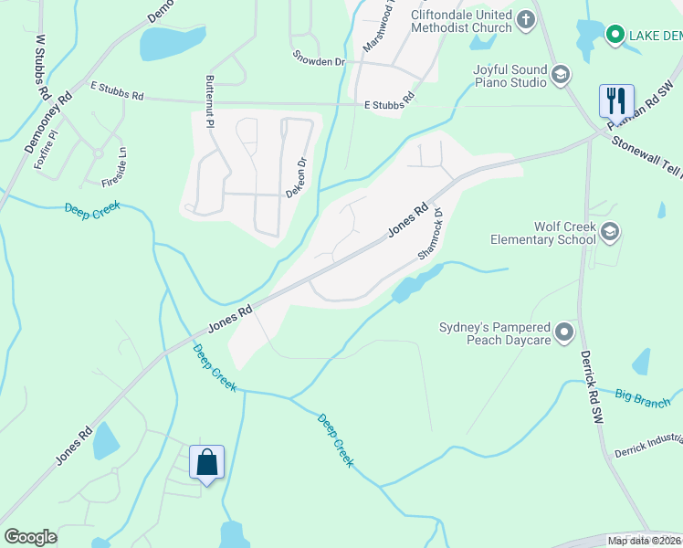 map of restaurants, bars, coffee shops, grocery stores, and more near 6450 Jones Road in Atlanta