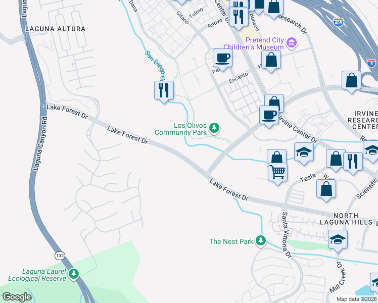 map of restaurants, bars, coffee shops, grocery stores, and more near Lake Forest Dr in Irvine