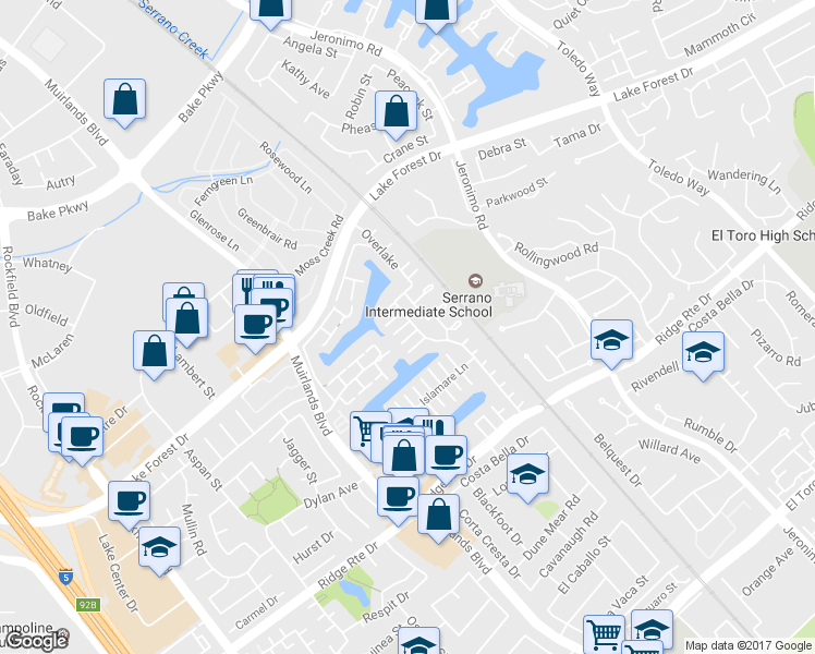 map of restaurants, bars, coffee shops, grocery stores, and more near 24352 Lake Shore Lane in Lake Forest