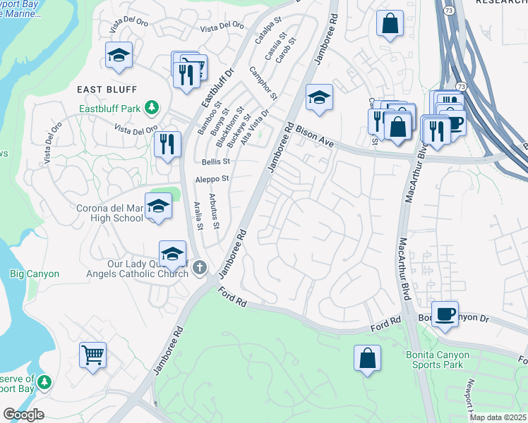 map of restaurants, bars, coffee shops, grocery stores, and more near 6 Turtle Bay Drive in Newport Beach