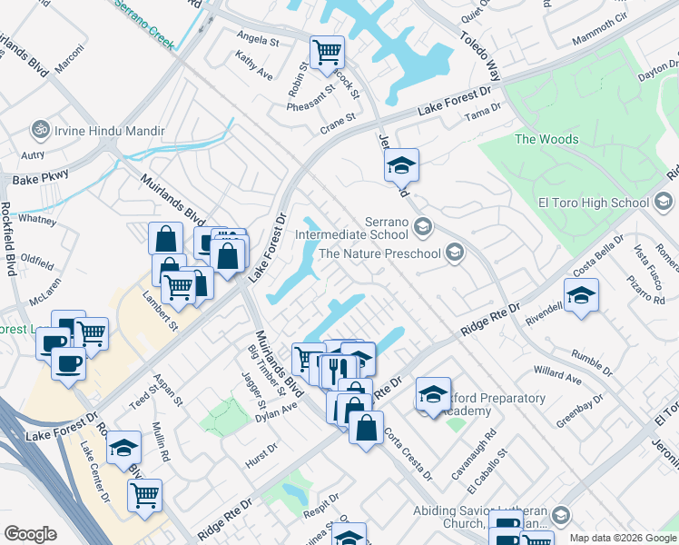 map of restaurants, bars, coffee shops, grocery stores, and more near 24372 Lake Terrace Lane in Lake Forest