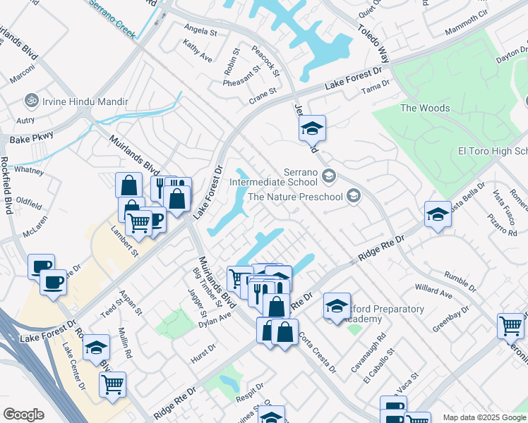 map of restaurants, bars, coffee shops, grocery stores, and more near 24352 Lake Shore Lane in Lake Forest