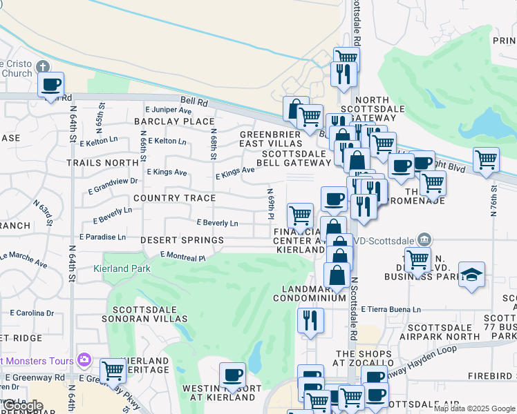 map of restaurants, bars, coffee shops, grocery stores, and more near 6908 East Sandra Terrace in Scottsdale