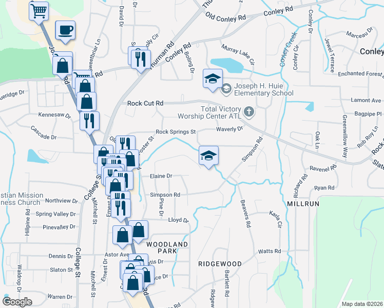 map of restaurants, bars, coffee shops, grocery stores, and more near 1180 Stoneybrook Road in Forest Park