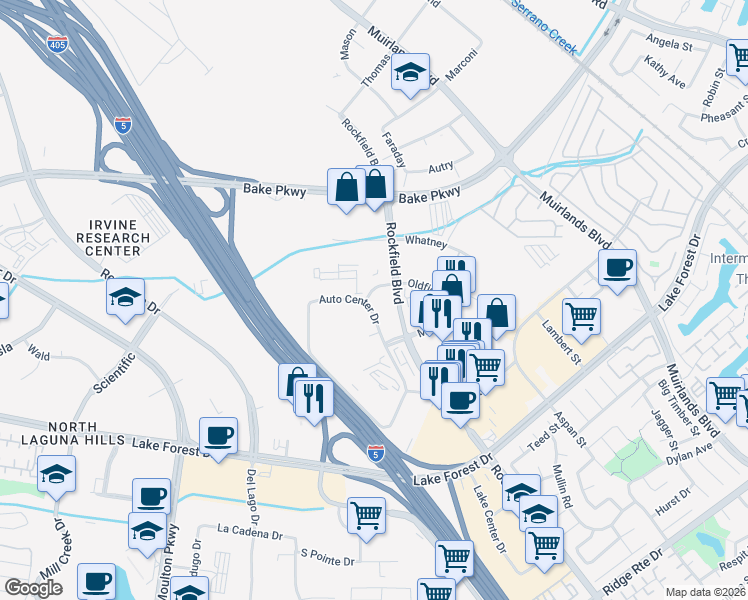 map of restaurants, bars, coffee shops, grocery stores, and more near 51 Auto Center Drive in Irvine