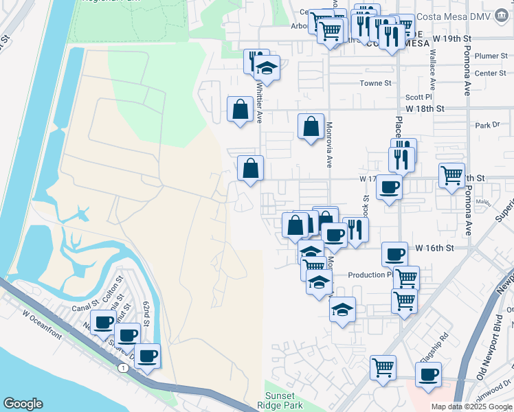 map of restaurants, bars, coffee shops, grocery stores, and more near 1685 Whittier Avenue in Costa Mesa