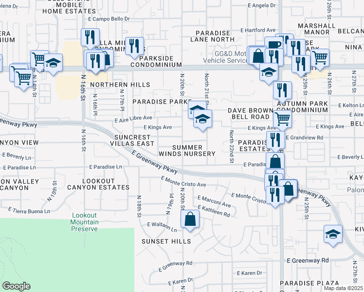 map of restaurants, bars, coffee shops, grocery stores, and more near 1953 East Grandview Road in Phoenix