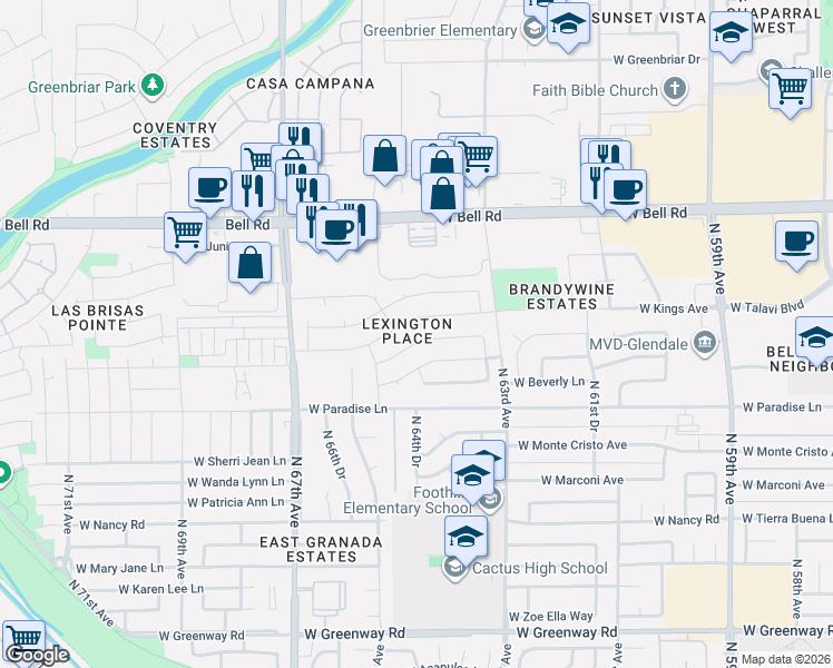 map of restaurants, bars, coffee shops, grocery stores, and more near 6501 West Kings Avenue in Glendale