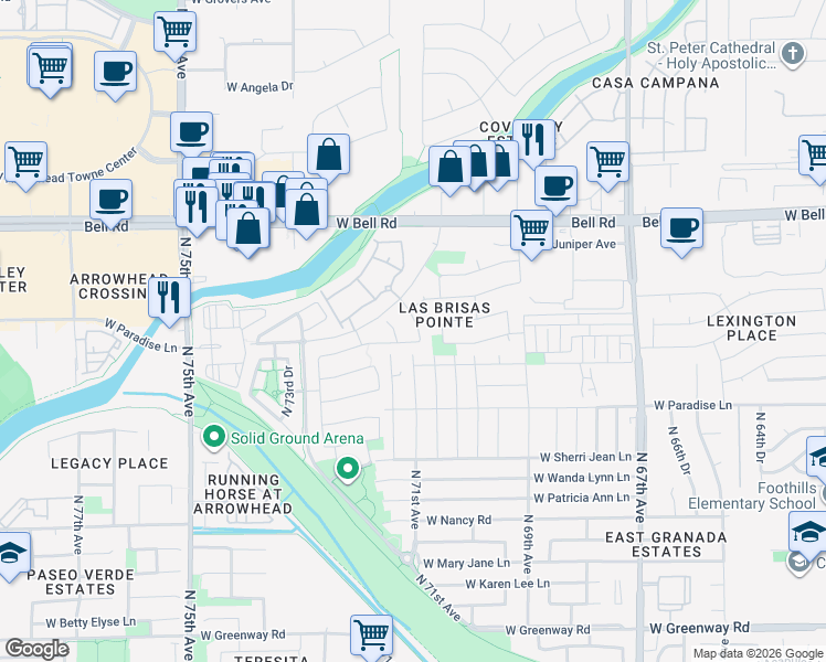 map of restaurants, bars, coffee shops, grocery stores, and more near 7136 West Kings Avenue in Peoria