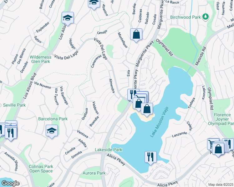 map of restaurants, bars, coffee shops, grocery stores, and more near 27561 Almendra in Mission Viejo