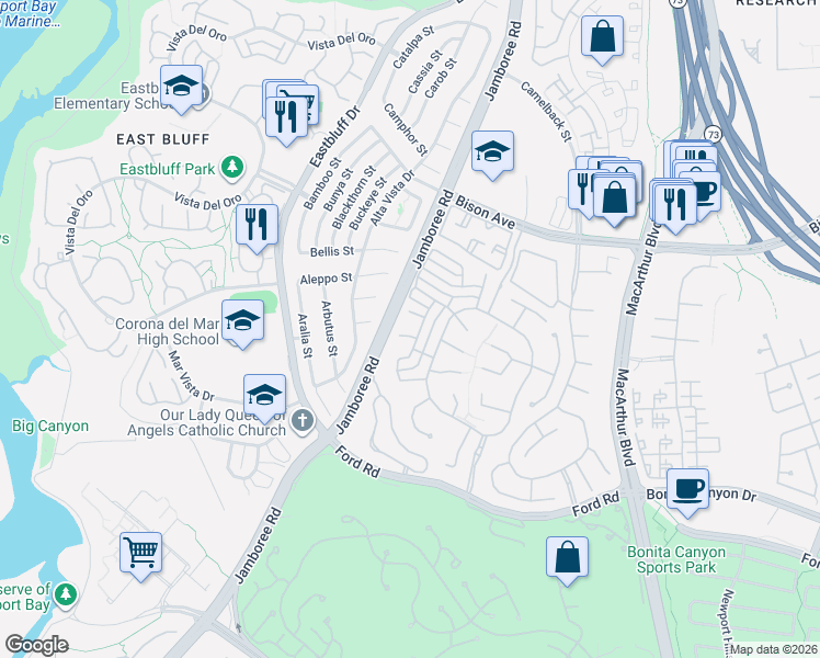map of restaurants, bars, coffee shops, grocery stores, and more near 6 Turtle Bay Drive in Newport Beach