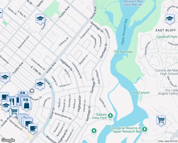 map of restaurants, bars, coffee shops, grocery stores, and more near 1700 Starlight Circle in Newport Beach
