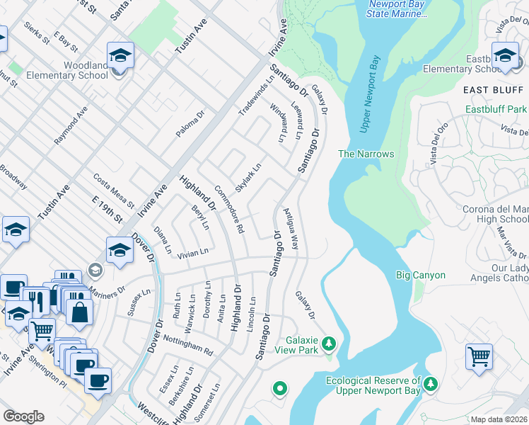map of restaurants, bars, coffee shops, grocery stores, and more near 1700 Starlight Circle in Newport Beach