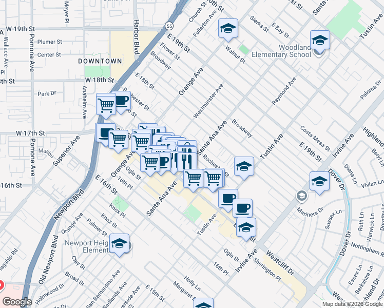 map of restaurants, bars, coffee shops, grocery stores, and more near 283 Cabrillo Street in Costa Mesa