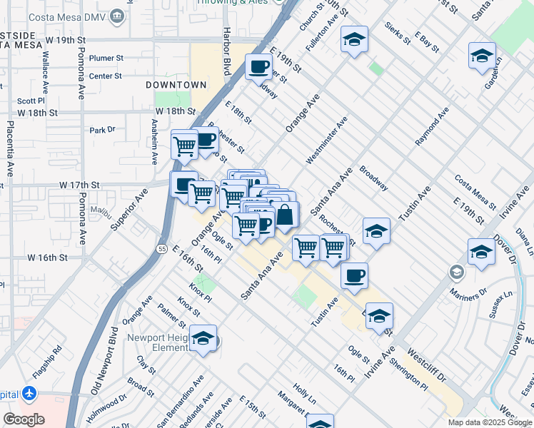 map of restaurants, bars, coffee shops, grocery stores, and more near in Costa Mesa